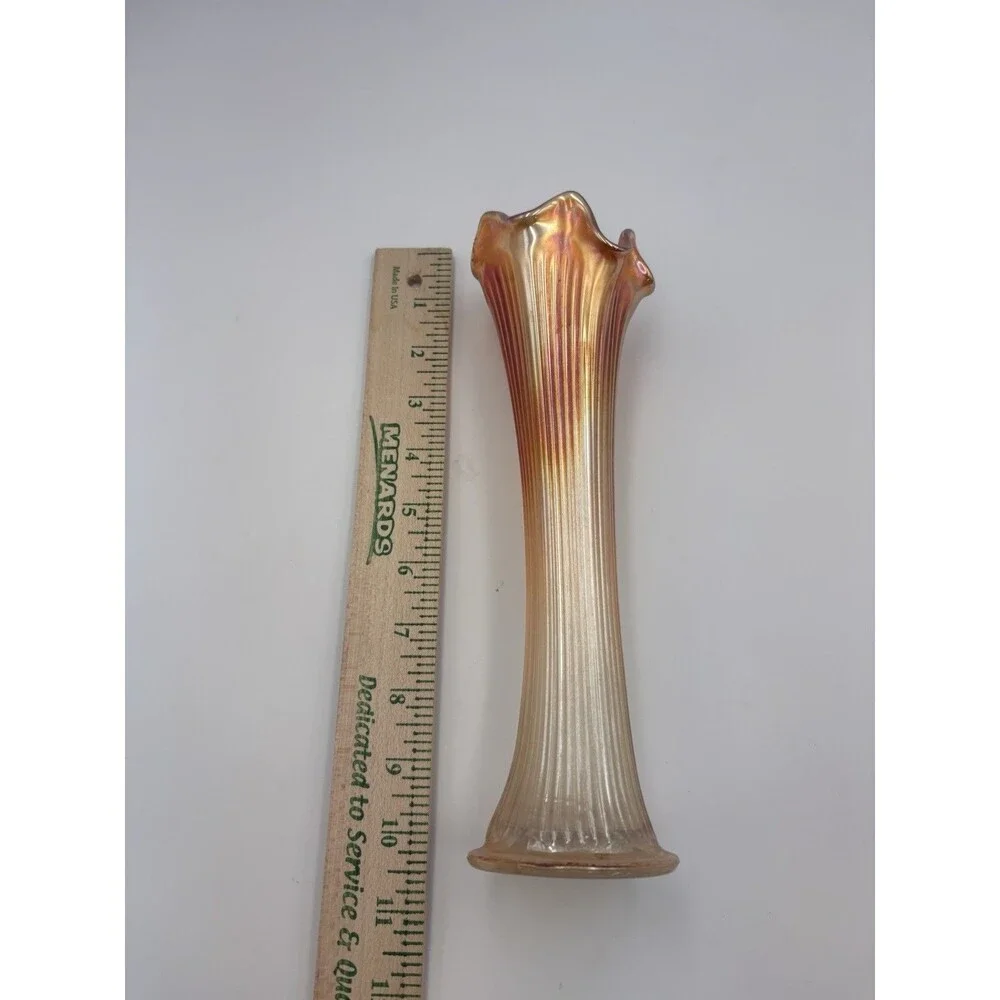 Vtg Marigold Carnival Glass Swung Tall Vase Wide Mouth Ribbed Ombre 10”